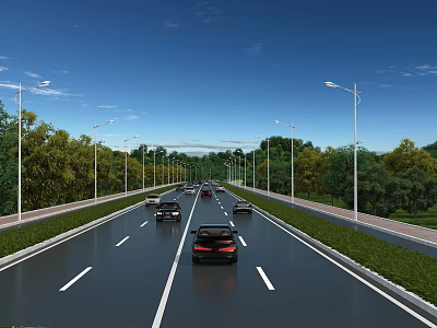 Well Lit Multi Lane Highway Road Infrastructure with Street Lights Greenery and Vehicles 3d model