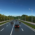 Well Lit Multi Lane Highway Road Infrastructure with Street Lights Greenery and Vehicles