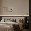 Bedroom Interior Design With Beige Bedding Two Nightstands Paintings White Curtains And Dark Wardrobe