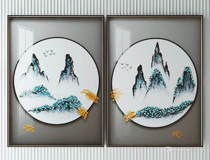 Traditional Chinese Landscape Wall Art Set With Circular Design And Golden Accents 3d model 