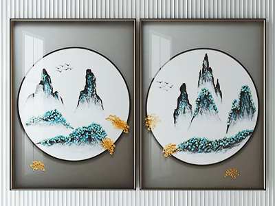 Traditional Chinese Landscape Wall Art Set With Circular Design And Golden Accents 3d model