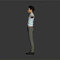 Man in white short shirt and khaki pants arms outstretched on gray background reflective floor