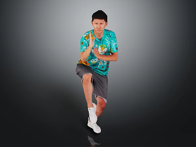 A Man In Green Printed T Shirt Gray Shorts White Sneakers Striking Dynamic Pose 3d model