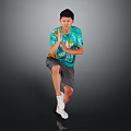 A Man In Green Printed T Shirt Gray Shorts White Sneakers Striking Dynamic Pose