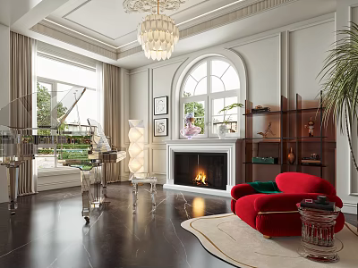 Elegant Piano Room Interior With Grand Piano Fireplace And Large Windows 3d model