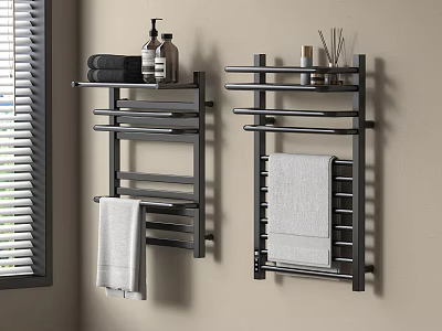 Black Wall Mounted Bathroom Shelves With Hanging Towels Toiletries And Aromatherapy Sticks 3d model