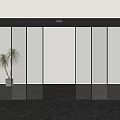 Modern Glass Door Entrance With Black Frame And Potted Plant On Gray Marble Floor