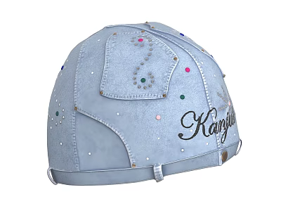 Light Blue Denim Hat With Colorful Studs Pocket Design And Kangju Lettering 3d model