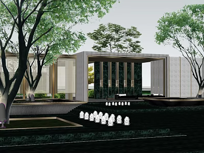 Modern Garden Landscape With Architectural Entrance Tall Trees And Illuminated Pathway 3d model