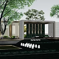 Modern Garden Landscape With Architectural Entrance Tall Trees And Illuminated Pathway