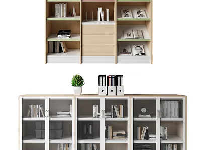 Modern Storage Shelving Unit With Open Compartments Drawers And Glass Doors 3d model