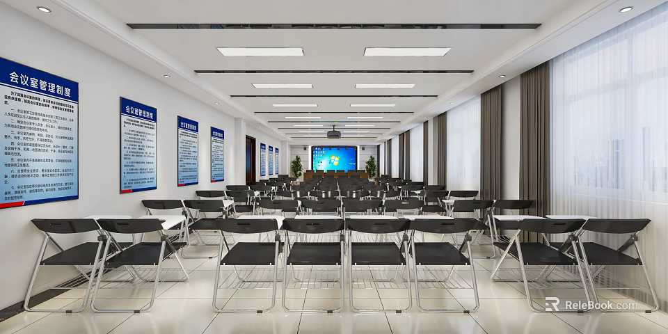 Spacious Conference Room Interior With Arranged Chairs Projection Screen And Wall Boards 3d model 