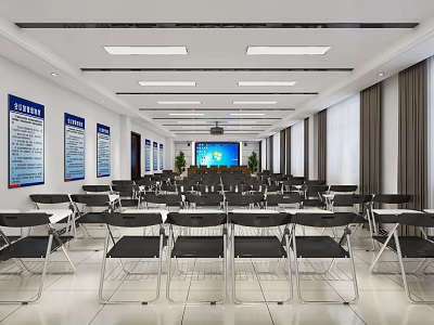 Spacious Conference Room Interior With Arranged Chairs Projection Screen And Wall Boards 3d model