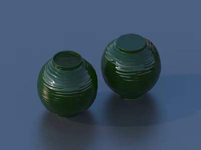 Pair Of Green Ceramic Vases With Wavy Textures On Blue Background 3d model