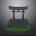Japanese Torii Gate Structure With Stone Steps Green Grass Purple Flowers And Banners
