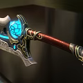 Ornate Decorative Weapon With Blue Accents Intricate Patterns And Wooden Handle