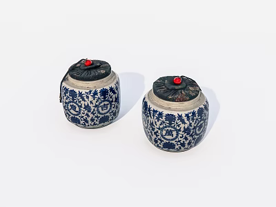 Traditional Ceramic Jars With Blue And White Floral Patterns And Red Top Accents 3d model
