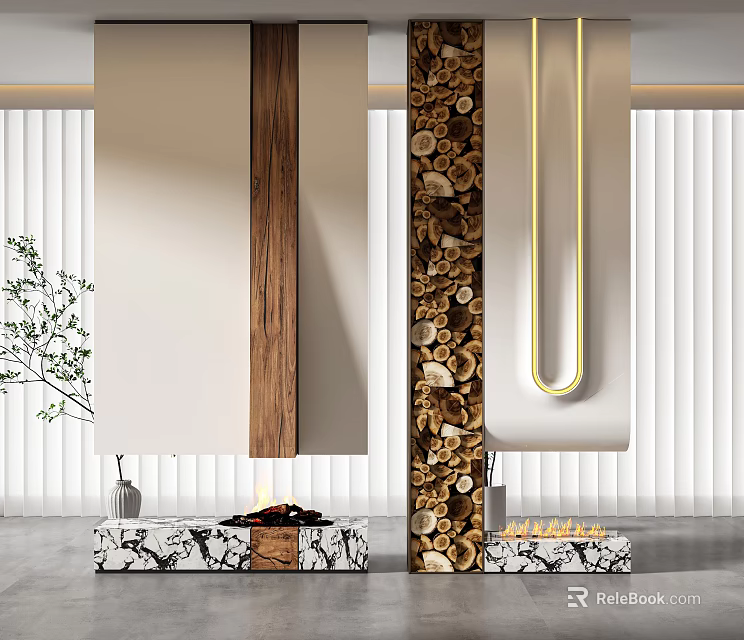 Modern Fireplace Design In Contemporary Interior With Marble And Logs 3d model