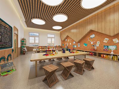 Modern Kindergarten Handmade Classroom Kindergarten Entertainment Room Wooden Desks and Chairs Handmade Desk Cave Board Decorative Cabinet 3d model