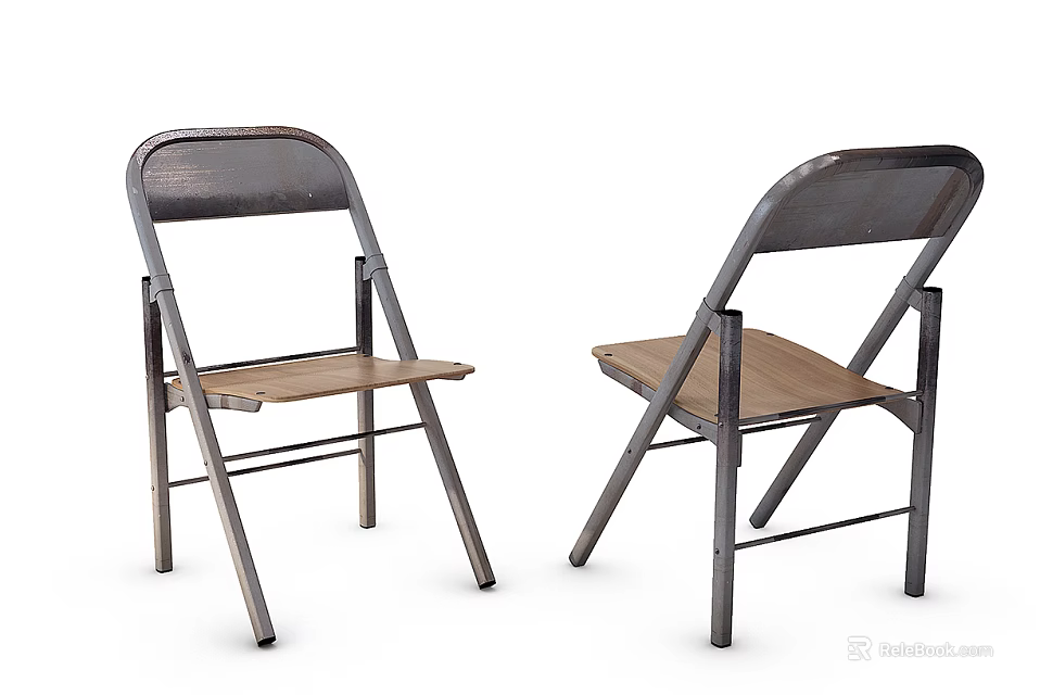Pair of Folding Leisure Chairs with Metal Frame and Wooden Seat Design 3d model 