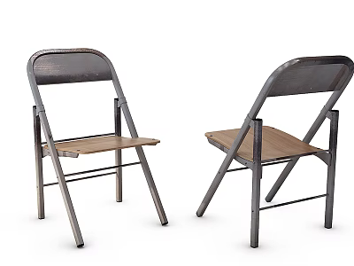 Pair of Folding Leisure Chairs with Metal Frame and Wooden Seat Design 3d model