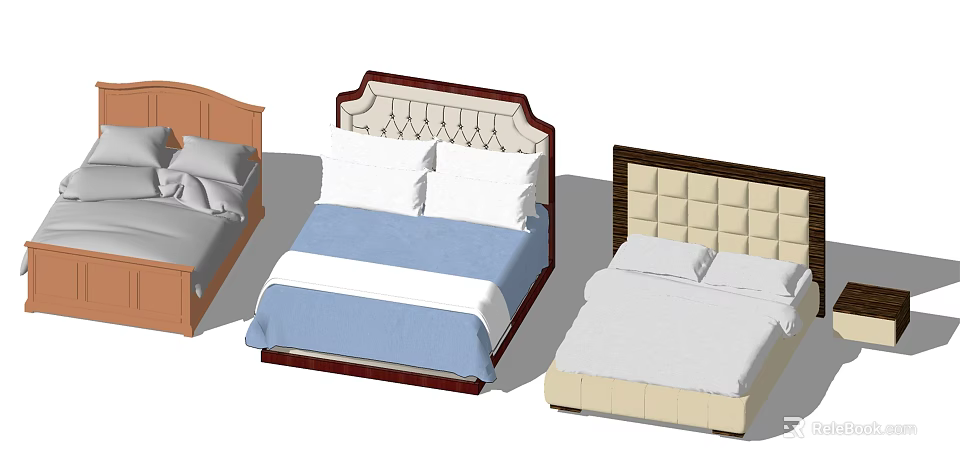 Stylish Double Bed Designs with Various Headboard Styles and Color Options 3d model