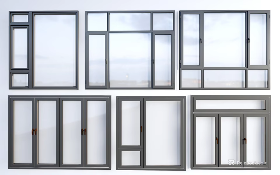 Various Modern Window Designs With Gray Frames And Multiple Pane Styles 3d model