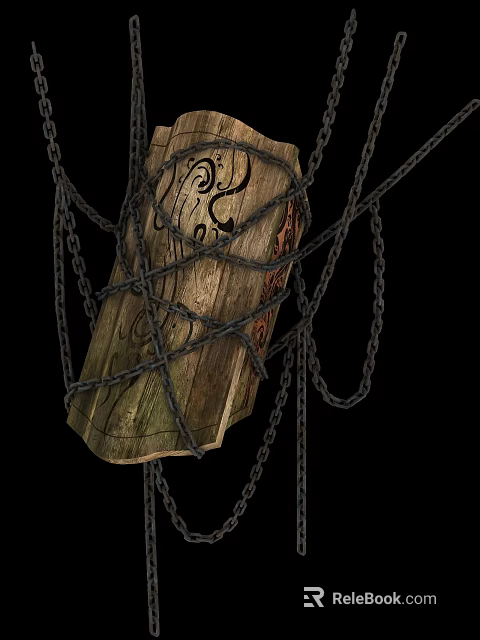 Cartoon Scene of Wooden Box Wrapped in Chains and Ropes With Black Patterns 3d model 