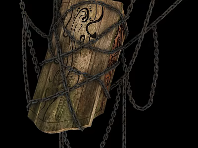 Cartoon Scene of Wooden Box Wrapped in Chains and Ropes With Black Patterns 3d model