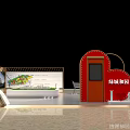Modern Exhibition Booth Design With Display Screens Tables Chairs And Green Decorations