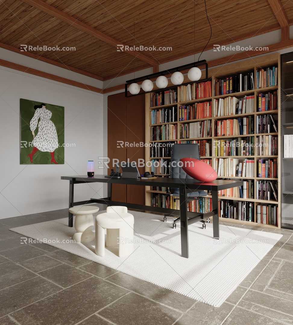 Modern Study Desk Carpet Bookcase Chandelier 3d model