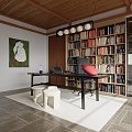 Modern Study Desk Carpet Bookcase Chandelier 3d model