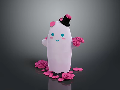 Cute White Ghost Character With Black Top Hat Pink Roses Smiling Blush Face And Scattered Petals 3d model