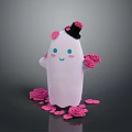 Cute White Ghost Character With Black Top Hat Pink Roses Smiling Blush Face And Scattered Petals