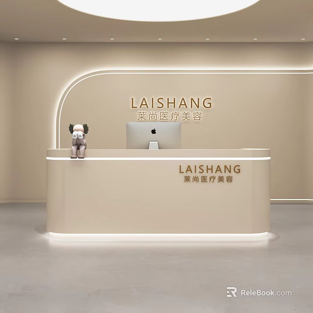 Modern Shop Front Desk With Beige Minimalist Design Illuminated Light Strips And Decorative Figurine 3d model 