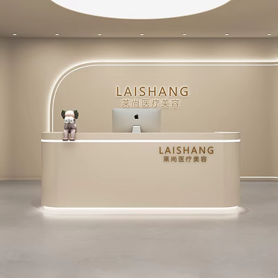 Modern Shop Front Desk With Beige Minimalist Design Illuminated Light Strips And Decorative Figurine 3d model