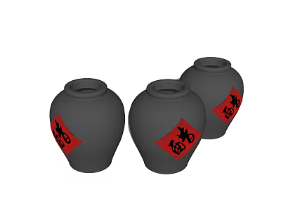 Three Black Ceramic Jars With Red Labels And Chinese Auspicious Characters 3d model
