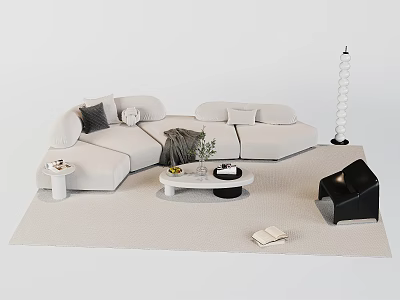 Modern White Sectional Sofa And Coffee Table With Throw Pillows Black Chair And Floor Lamp 3d model