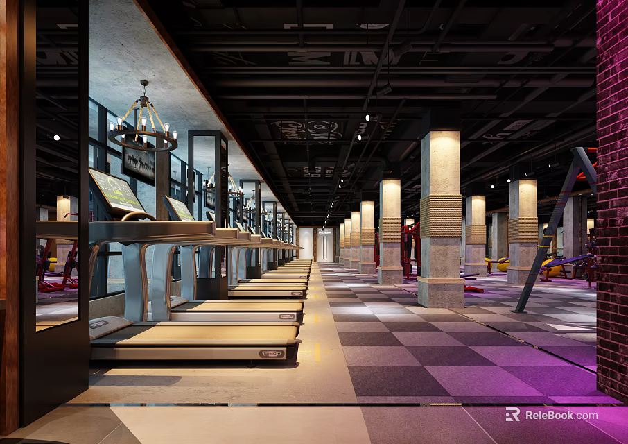 Spacious Modern Fitness Gym Interior With Treadmills Columns Checkerboard Floor And Ambient Lighting 3d model 