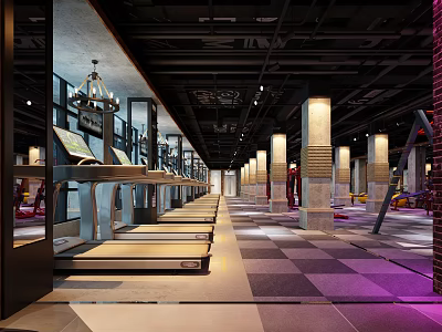 Spacious Modern Fitness Gym Interior With Treadmills Columns Checkerboard Floor And Ambient Lighting 3d model