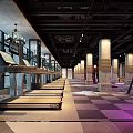 Spacious Modern Fitness Gym Interior With Treadmills Columns Checkerboard Floor And Ambient Lighting