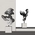 Stone Wood Unique Sculptures with Artistic Shapes on White Pedestals