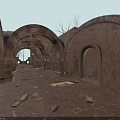 Ancient Stone Ruins With Arched Doorways And Overgrown Vines On Pathway