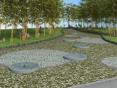 Garden Landscape With Bamboo Trees Stone Path Circular Slabs And Green Grass On Pebble Ground 3d model