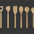 Six Wooden Spoons With Various Shapes Arranged On Dark Background For Kitchen Use