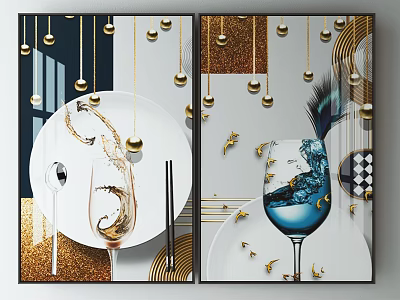 Luxury Modern Wall Art With Golden Spheres Wine Glass And Peacock Feather 3d model
