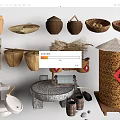 Traditional Chinese Farmhouse Handicrafts Including Bamboo Baskets Stone Mill And Fu Character