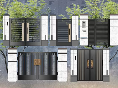 Building Facade Design With Modern Chinese Style Black Gates White Pillars And Greenery 3d model