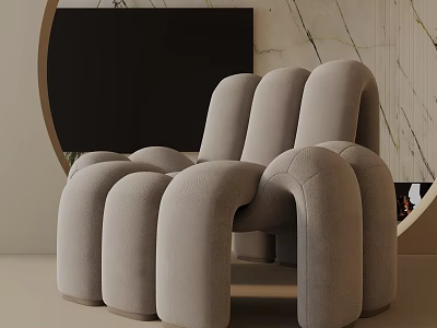 Modern Upholstered Accent Chair Curved Rounded Design Beige Color With Marble Wall And Black Decor 3d model