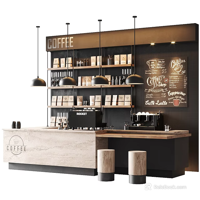 Modern Coffee Shop Interior With Wooden Counter Coffee Machines Chalkboard Menu And Hanging Lights 3d model 